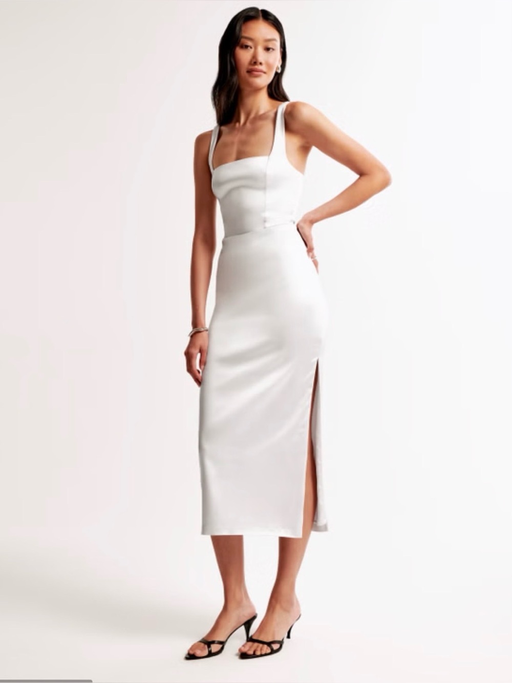 Abercrombie & Fitch White Square-Neck Midi Dress with Side Slit